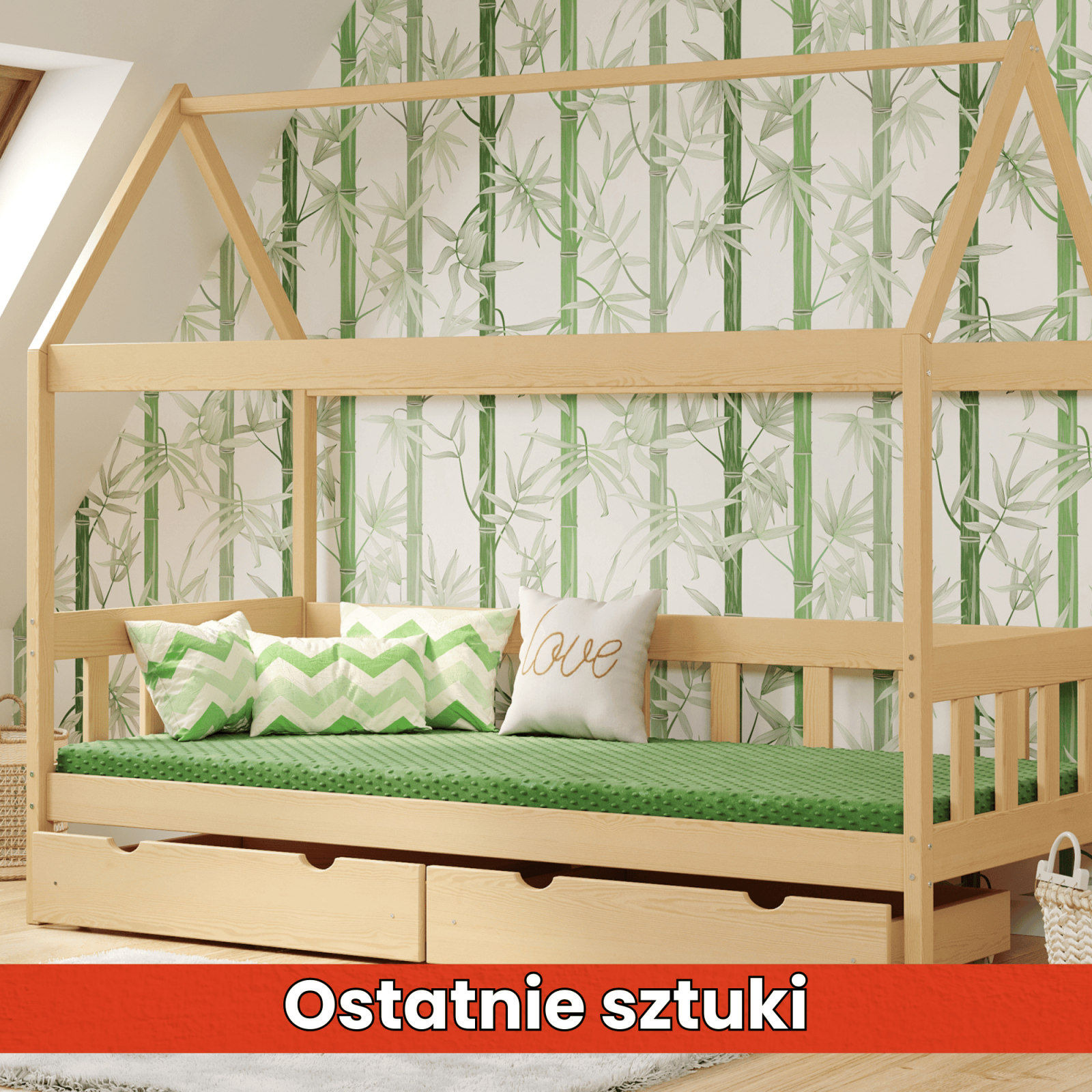 WYPRZEDAŻ - Łóżko drewniane pojedyncze DOMEK SKRZAT 80X180 SOSNA