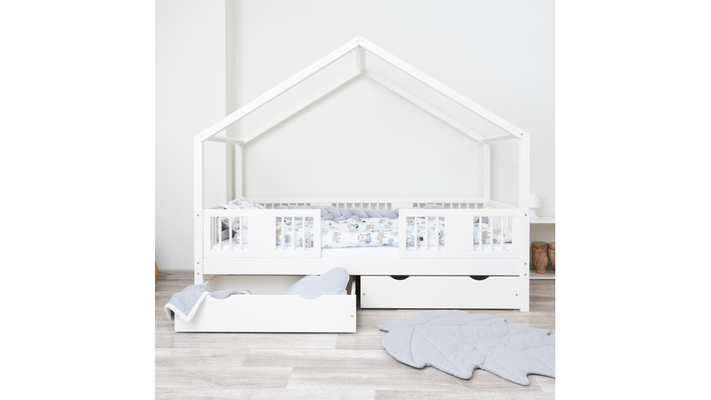 Łóżko domek LUNA SHORT białe na nogach 20 cm, wysunięta szuflada z funkcją przechowywania