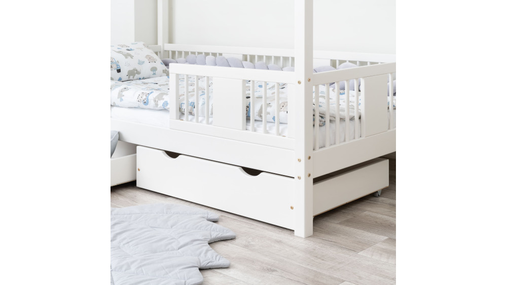 Białe łóżko domek LUNA SHORT z szufladą, konstrukcja na nodze 20 cm