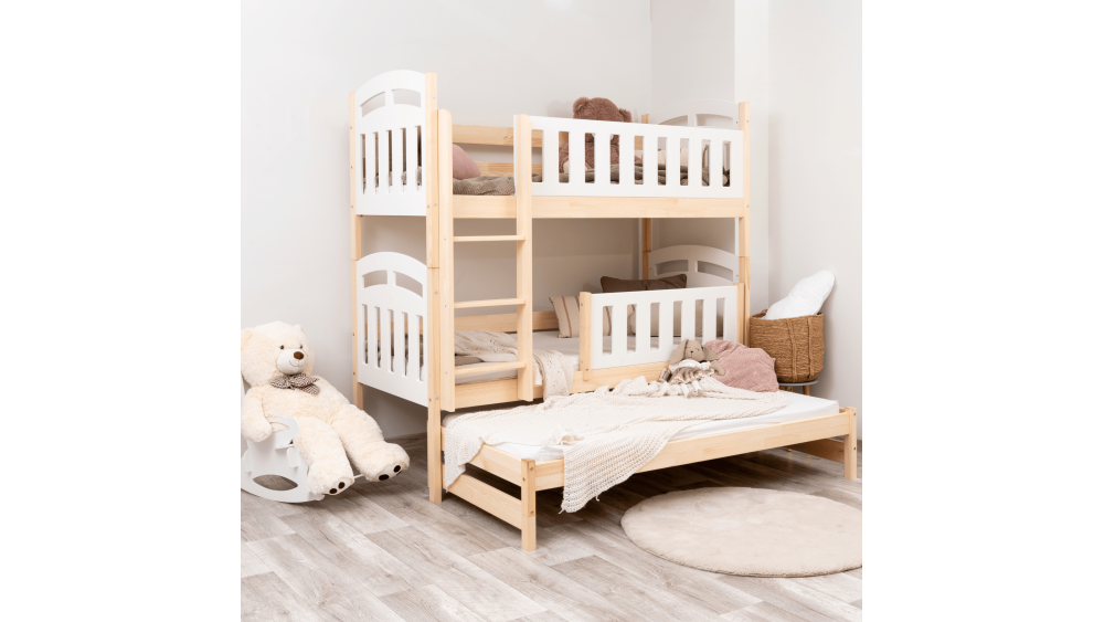 Łóżko drewniane piętrowe ZUZIA PIĘTROWA Z WYSUWEM – Meble Wróbel, naturalne drewno sosnowe