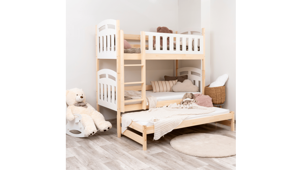 Łóżko drewniane piętrowe ZUZIA PIĘTROWA Z WYSUWEM – Meble Wróbel, naturalne drewno sosnowe