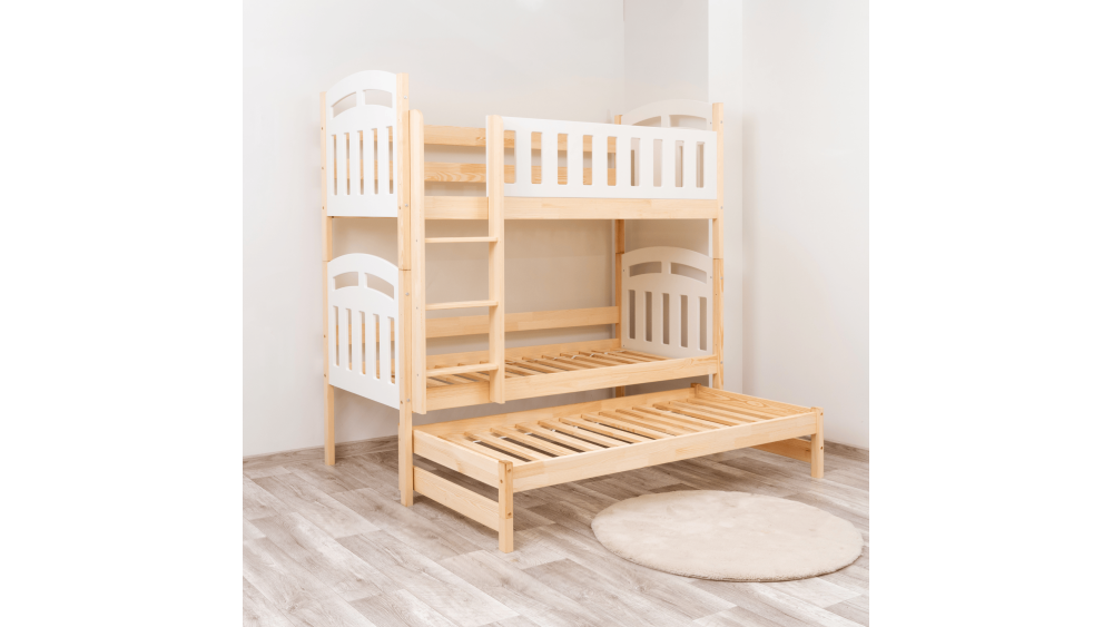 Łóżko drewniane piętrowe ZUZIA PIĘTROWA Z WYSUWEM – Meble Wróbel, naturalne drewno sosnowe