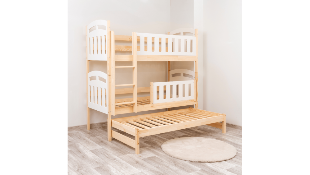 Łóżko drewniane piętrowe ZUZIA PIĘTROWA Z WYSUWEM – Meble Wróbel, naturalne drewno sosnowe