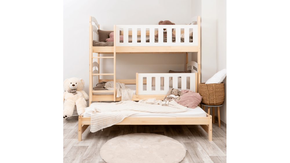 Łóżko drewniane piętrowe ZUZIA PIĘTROWA Z WYSUWEM – Meble Wróbel, naturalne drewno sosnowe