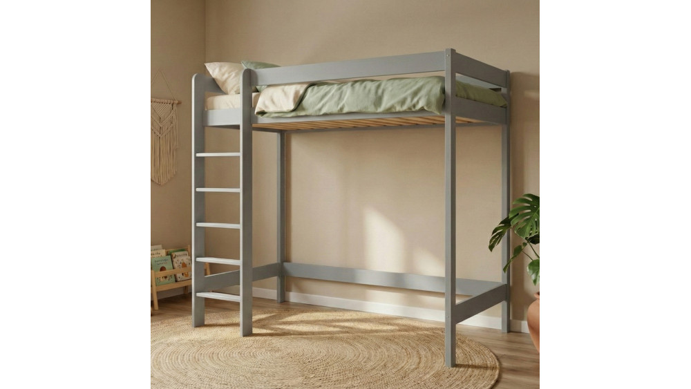 Łóżko drewniane Antresola wysokość 180 cm szare w aranżacji pokoju z roślinami