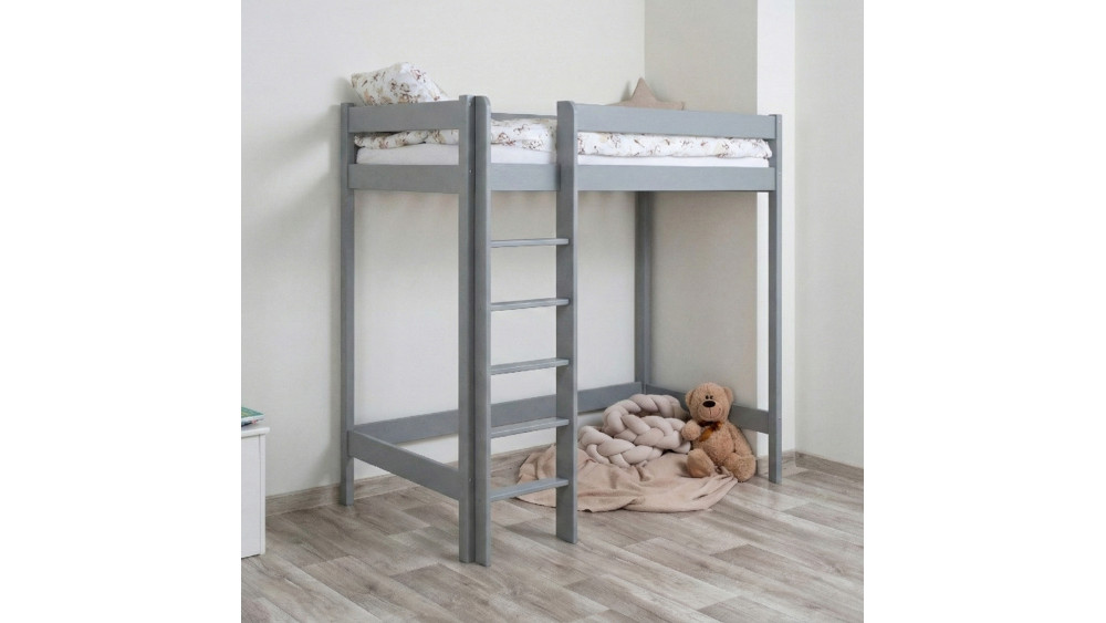 Łóżko drewniane Antresola wysokość 180 cm szare widok z boku w aranżacji