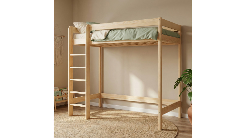 Łóżko drewniane Antresola wysokość 180 cm naturalne na tle beżowej ściany