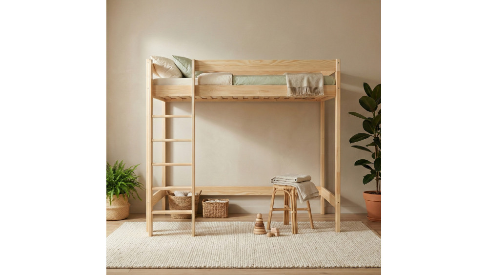 Łóżko drewniane Antresola wysokość 180 cm naturalne w aranżacji pokoju