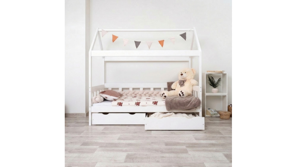 Łóżko dziecięce Domek Skrzat białe – widok z przodu z podwójną szufladą