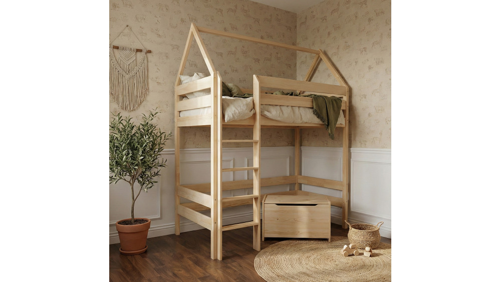 Łóżko pojedyncze drewniane antresola domek naturalne w aranżacji pokoju dziecięcego
