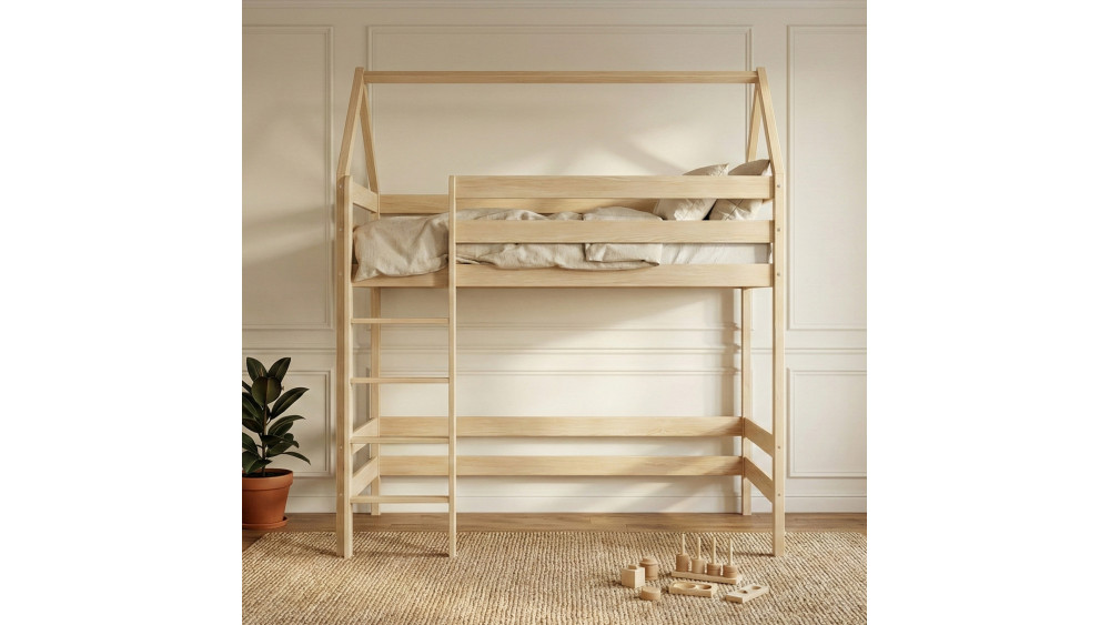 Łóżko pojedyncze drewniane antresola domek naturalne w pokoju dziecięcym