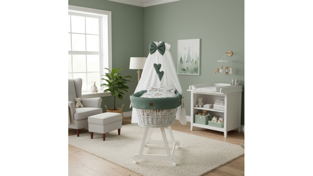 Kosz Mojżesza z baldachimem na rolkach zielony na białym stelażu