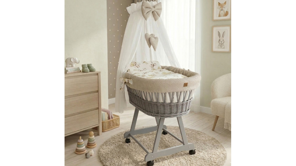 Kosz Mojżesza z baldachimem na rolkach beżowy – widok produktu z przodu