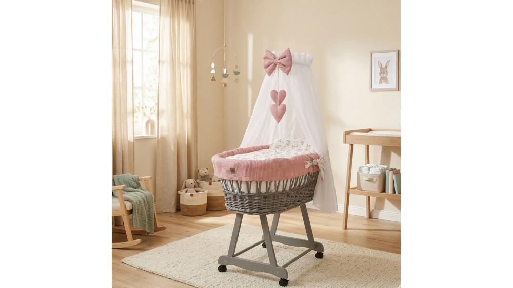 Kosz Mojżesza z baldachimem na rolkach różowy na szarym stelażu