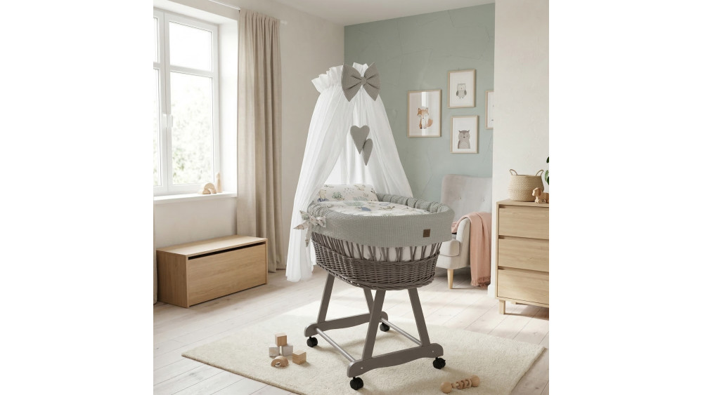 Kosz Mojżesza z baldachimem na rolkach szary – widok bryły produktu