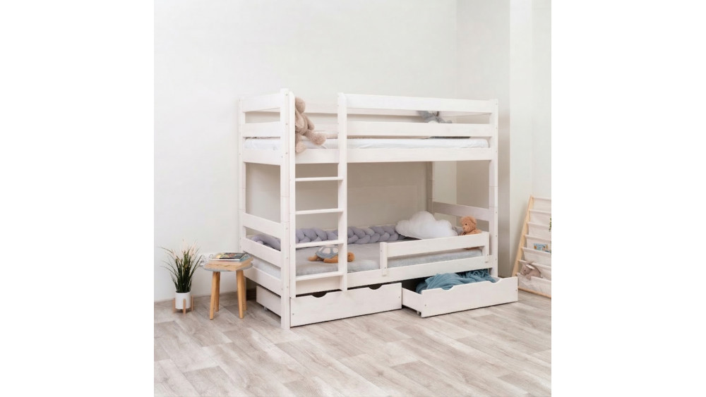 Łóżko piętrowe Gagatek Lux białe z wysuniętymi szufladami na pościel