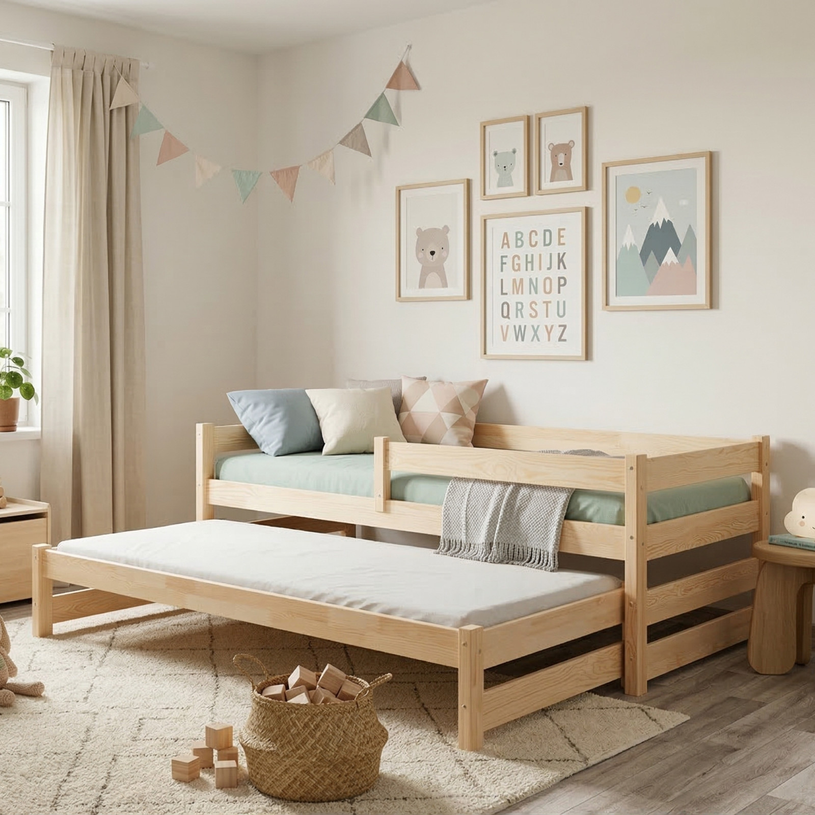 Łóżko drewniane podwójne PAWEŁEK DUO – Meble Wróbel, naturalne drewno sosnowe