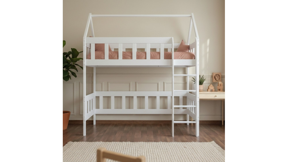 Łóżko pojedyncze drewniane antresola Chwat białe w aranżacji pokoju dziecięcego