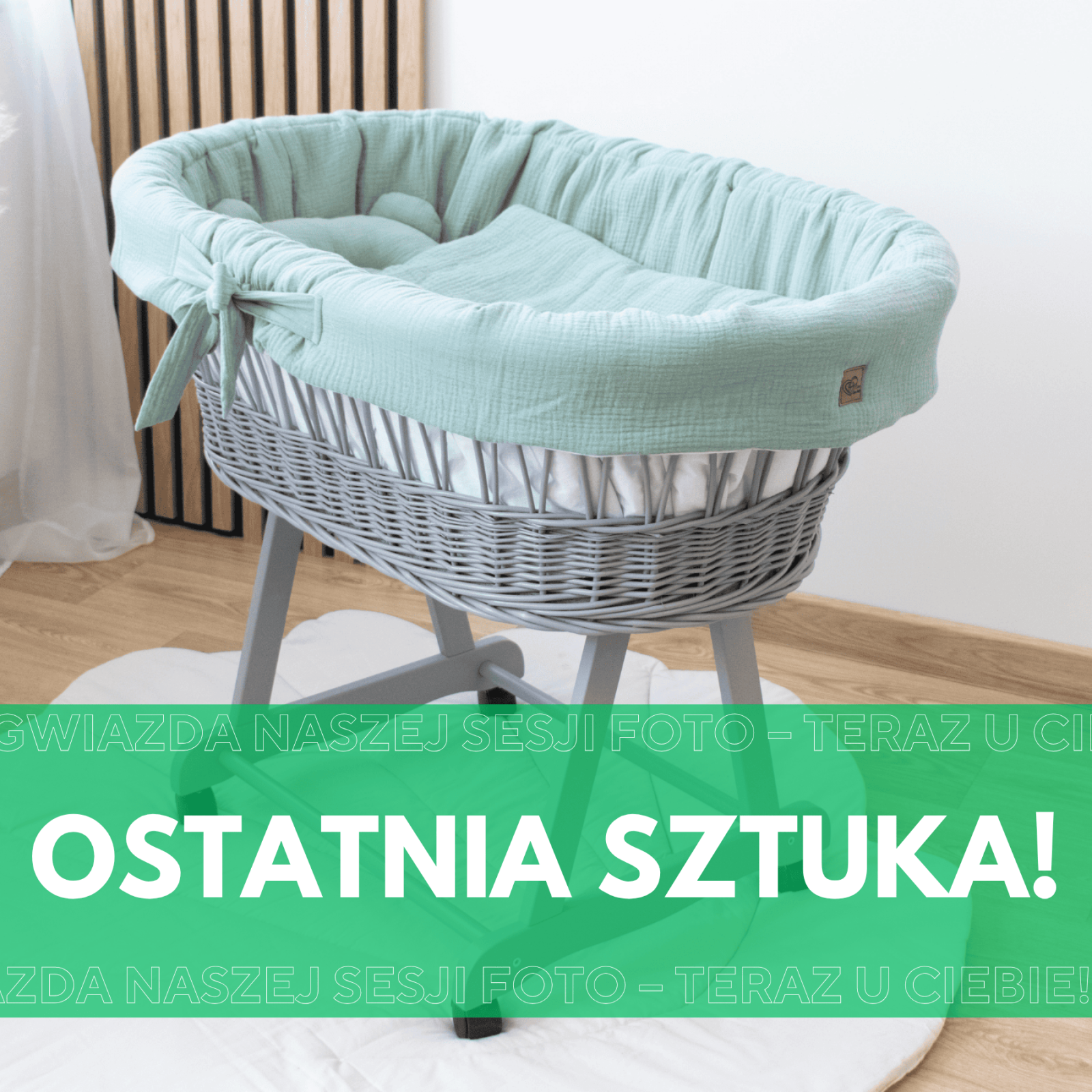 Kosz Mojżesza SZARY + Pościel Muślinowa ZIELONA / Powystawowy