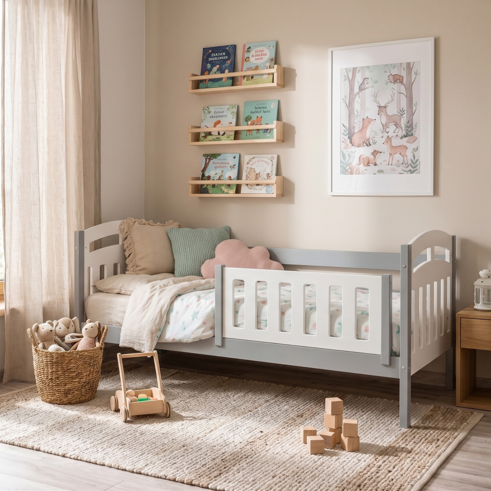 Łóżko dziecięce Zuzia Duo sosna-szary w pokoju dziecięcym, widok  boczny