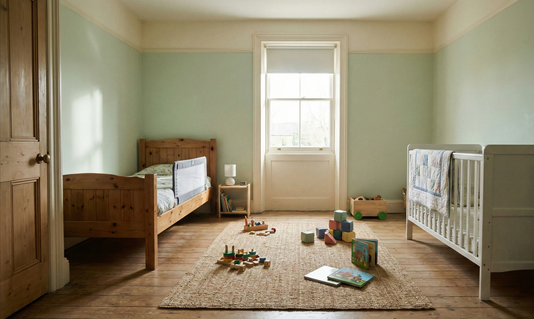 układ pokoju rodzeństwa z zachowaną przestrzenią do przejścia i rozdzielonymi strefami snu